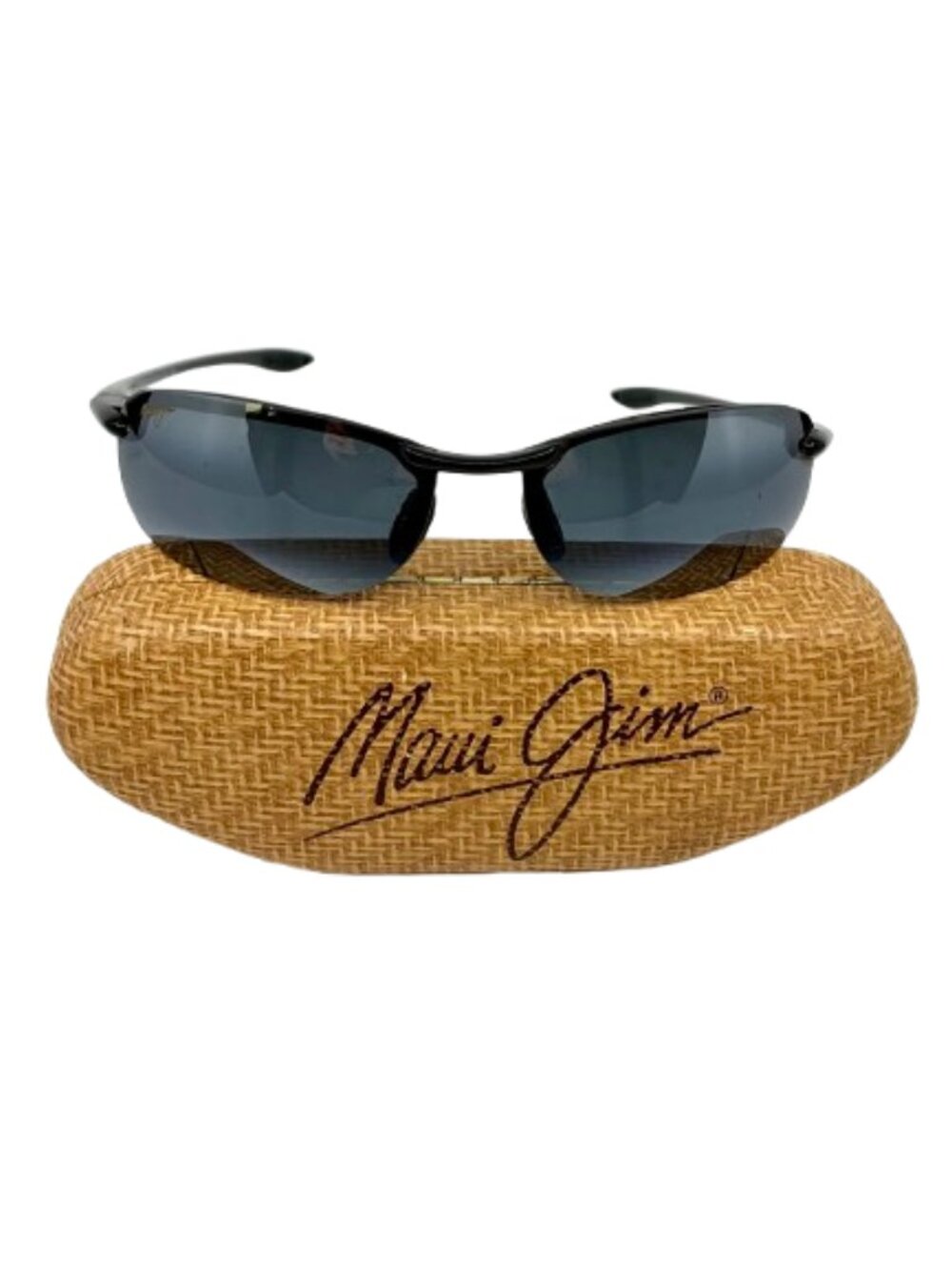 MAUI JIM~Banyans Polarized Rimless Wrap Sunglasses (Black/Grey) w / CASE
